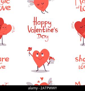 Carino vettore senza giunture con cuori sorridenti eroi isolati su bianco. Buon giorno di San Valentino. Texture infinita. Design per tessuti romantici Illustrazione Vettoriale