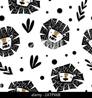 Motivo senza cuciture con simpatico leone cartoon in semplice stile scandinavo. Animali selvatici africani. Illustrazione del vettore piatto. Illustrazione Vettoriale