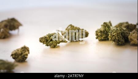 Germogli di marijuana medica che cadono su sfondo di legno. Trifoseup Della Pianta Di Cannabis Asciugata Foto Stock