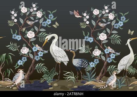 Confine in stile chinoiserie con aironi e peonie. Vettore. Illustrazione Vettoriale