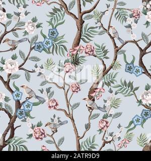 Modello senza cuciture in stile chinoiserie con peonie alberi e uccelli . Vettore, Illustrazione Vettoriale