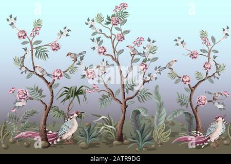 Confine in stile chinoiserie con uccelli e peonie. Vettore. Illustrazione Vettoriale