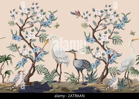 Confine in stile chinoiserie con aironi e peonie. Vettore. Illustrazione Vettoriale