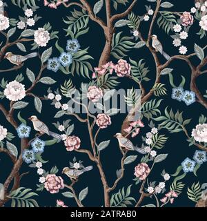 Modello senza cuciture in stile chinoiserie con peonie alberi e uccelli . Vettore, Illustrazione Vettoriale