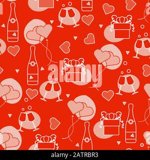 Vettore senza cuciture modello Felice San Valentino, matrimonio, compleanno, matrimonio, giorno della mamma il giorno del Padre palloncino a Forma Di Cuore, bottiglia, bicchieri, cuori, gi Illustrazione Vettoriale