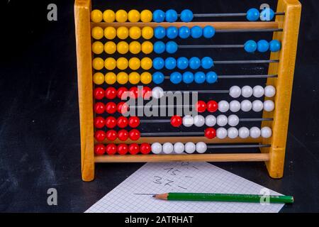 Abaco con fattura e matita su una lavagna Foto Stock