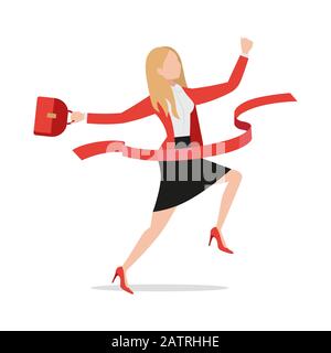 Successo di corsa businesswoman che attraversa la linea di finitura piatto icona di stile, eccitato felice imprenditore esecutivo dipendente rottura nastro rosso Illustrazione Vettoriale