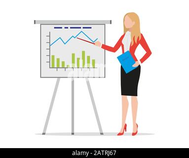 Businesswoman fare la presentazione della lavagna a fogli mobili, indicando i grafici e i diagrammi, istruttore di allenatore femminile che spiega la strategia aziendale, tenendo cartella, piatto Illustrazione Vettoriale