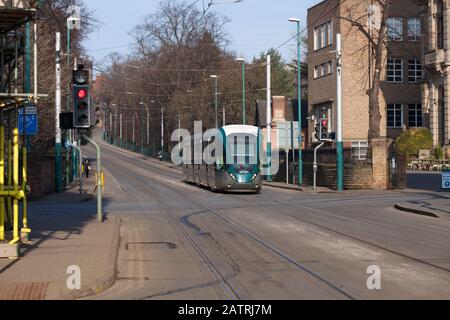 Nottingham Express Transit NET Alstom Citidas tram 227 passando per la Nottingham Trent University in esecuzione sulla strada nel centro della città di Nottingham Foto Stock