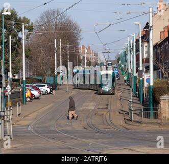 24/02/2018 The Forest, Nottingham Alstom Citidas Tram 237 Stuart Broad Hucknall - Servizio Toton Lane Foto Stock