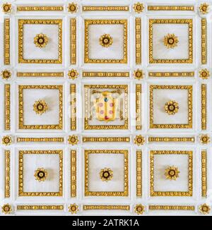 Soffitto a cassettoni con stemma della famiglia Medici nella Basilica di San Lorenzo a Firenze, Toscana, Italia. Foto Stock