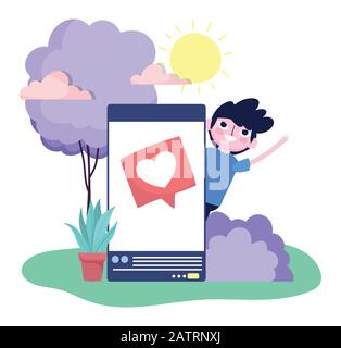 giovane uomo smartphone amore messaggio esterno social media vettore illustrazione Illustrazione Vettoriale