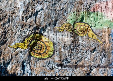 Dettaglio degli animali nel Murale della Preistoria, Valle dei Vinales; Cuba Foto Stock