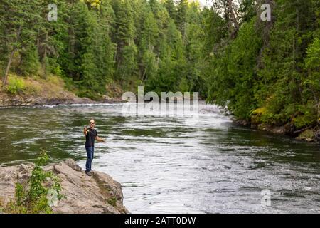 Un uomo pesca a mosca sul fiume Adams, vicino a Salmon Arm; British Columbia, Canada Foto Stock