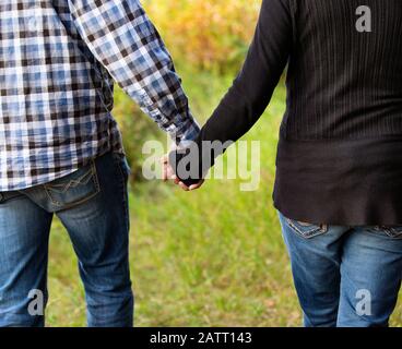 Una coppia matura che tiene le mani e cammina in un parco cittadino in una calda serata autunnale; St. Albert, Alberta, Canada Foto Stock