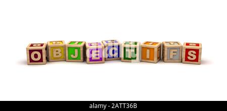 Objectifs Text Cube (Isolato su sfondo bianco) Foto Stock