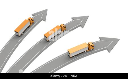 tre carrelli si trovano in direzioni diverse, isolati in bianco sopra la vista. rendering 3d Foto Stock