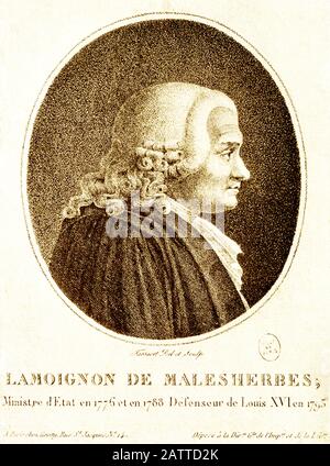 Questa illustrazione mostra Lamoignon de Malesherbes, consulente per il re XVI al suo processo nel 1793. Guillaume-Chretien de Lamoignon de Malesherbes (1721 – 1794) è stato un Nonostante il suo monarchismo impegnato, i suoi scritti contribuirono allo sviluppo del liberalismo durante l'era francese dell'Illuminismo. Fu Ministro di Stato dal 1776 al 1788. Foto Stock