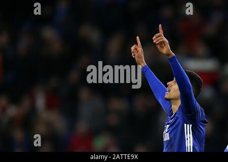 Cardiff, Regno Unito. 04th Feb, 2020. Robert Glatzel della città di Cardiff celebra dopo aver ottenuto il suo obiettivo 2nd team. The Emirates fa Cup, 4th round replay match, Cardiff City v Reading al Cardiff City Stadium martedì 4th febbraio 2020. Questa immagine può essere utilizzata solo a scopo editoriale. Solo uso editoriale, licenza richiesta per uso commerciale. Nessun utilizzo nelle scommesse, nei giochi o nelle singole pubblicazioni club/campionato/giocatore. PIC by Andrew Orchard/Andrew Orchard sports photography/Alamy Live News Credit: Andrew Orchard sports photography/Alamy Live News Foto Stock