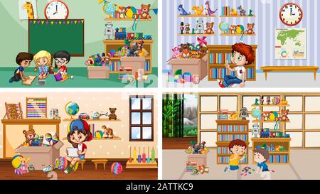 Quattro scene con i bambini giocare in diverse stanze illustrazione Illustrazione Vettoriale