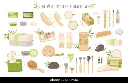 Set vettoriale di bellezza e igiene Zero Rifiuti prodotti. Spazzola, sapone naturale, pacchetto organico, stracci mestruali, tamponi e accessori per il trucco con bambù Illustrazione Vettoriale