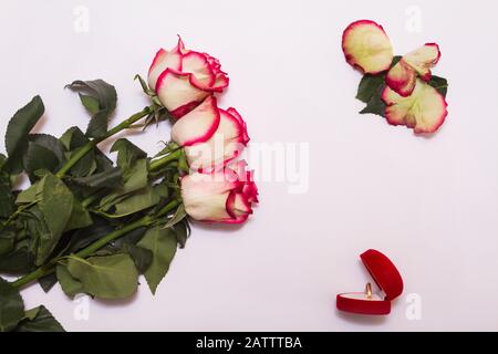 Tre fiori rose e petali si adagiano su sfondo bianco con spazio copia. Disposizione piatta. Anello di aggancio oro in velluto rosso aperto a forma di cuore vicino. Weddi Foto Stock