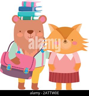 torna a scuola educazione cute orso con borse libri in testa e volpe vettore illustrazione Illustrazione Vettoriale