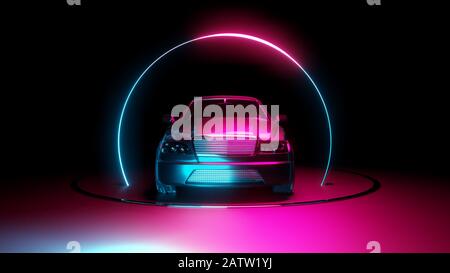 Auto con luce al neon circle cornici su sfondo scuro. 3D illustrazione Foto Stock