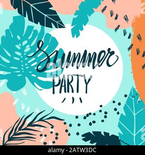 Modello di carta estiva creativa con foglie e colpi disegnati a mano. Illustrazione Vettoriale