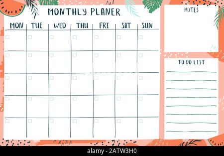 Modello di pianificazione mensile con posto per le note. Illustrazione Vettoriale