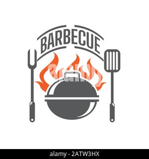 Steak House, logo ristorante barbecue, poster. Barbecue logo trendy con barbecue grill, spatola e grill fork. Modello di emblema vettoriale. Illustrazione Vettoriale