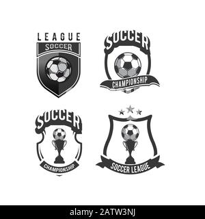 Icone di calcio con Shield - etichetta di calcio con testo campione Vector Soccer emblemi di Spagna, Germania, Paesi Bassi e Italia Illustrazione Vettoriale