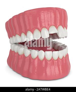 3d rappresentazione della mandibola aperta con dente superiore dell'incisivo rotto su sfondo bianco Foto Stock