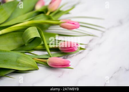 Closeup di belle tulipani rosa su uno sfondo di marmo sul tavolo Foto Stock