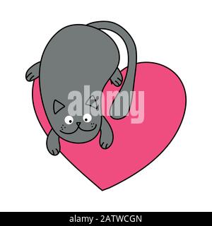 San Valentino gatto con cuore - personaggio doodle, divertente disegno disegnato a mano con kitty. Buono per poster, carta da parati, t-shirt, regalo, biglietto d'auguri, colore Illustrazione Vettoriale