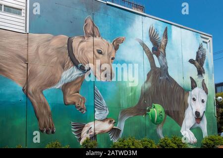 Street art con cani che giocano con una palla da tennis rotta, Prahran, Melbourne Foto Stock