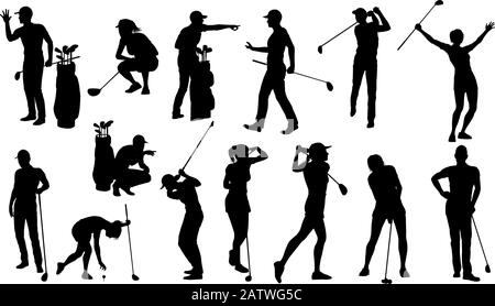 Giocatore di golf Golf Sport persone Silhouette impostato Illustrazione Vettoriale