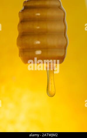 Schizzi di miele dolce biologico. Miele che si immerge dal cucchiaio di miele di legno Foto Stock