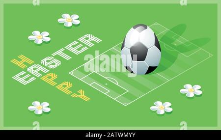 Buon biglietto di auguri di Pasqua. Illustrazione isometrica con uovo di Pasqua 3D come pallone da calcio e campo da calcio. Illustrazione del vettore. Illustrazione Vettoriale