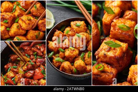 Collage alimentare. Piatti della cucina cinese indiana. Paneer Manchurian, Gobi Manchurian, Chicken Manchurian. Cibo Indiano. Piatti Fritti Profondi Collage Foto Foto Stock