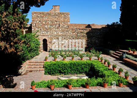 Cortile fornitore e giardini al Palazzo Nasrid nel castello di Malaga, Malaga, provincia di Malaga, Andalusia, Spagna, Europa. Foto Stock