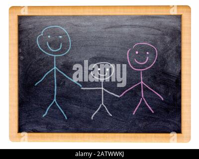Famiglia, disegno. Piccola lavagna con un disegno di un bambino che raffigura un'unità familiare felice, due adulti e un bambino che sorridono e si tengono per mano Foto Stock
