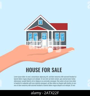 Donna Hand Holding House per l'offerta immobiliare concept design. Illustrazione del vettore. Illustrazione Vettoriale