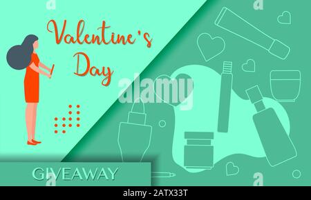 Illustrazione vettoriale cosmetici decorativi, trucco Valentine's Day sale Giveaway template Shopping background Offerta Prezzo riduzione pubblicità Purc Illustrazione Vettoriale