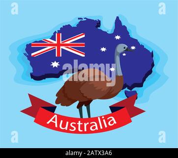 emu in australia mappa, animale australiano illustrazione disegno Illustrazione Vettoriale