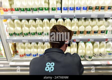 Il latte viene impilato in un supermercato Co-op frigo UK Foto Stock