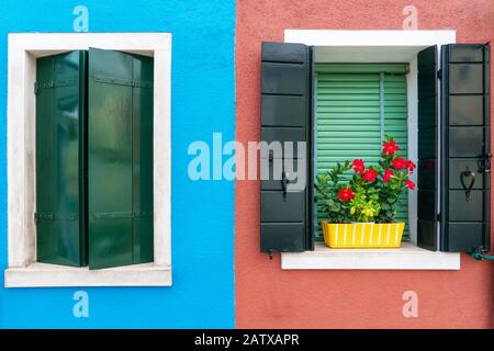 finestra in legno vintage su sfondo colorato in cemento Foto Stock