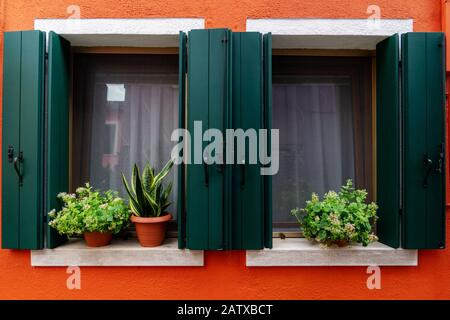 finestra in legno vintage su sfondo cemento arancione Foto Stock