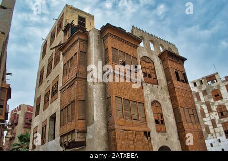 Antica architettura islamica della città di Balad a Jeddah, Araiba Saudita Foto Stock