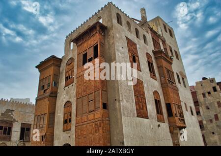 Antica architettura islamica della città di Balad a Jeddah, Araiba Saudita Foto Stock